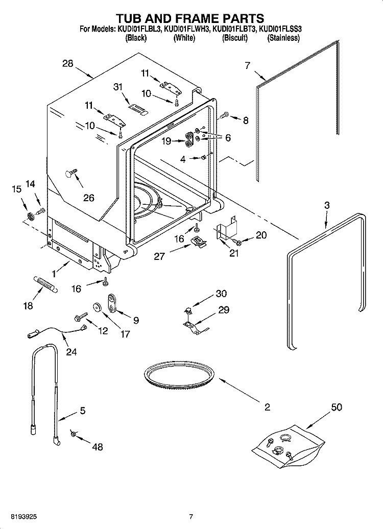 TUB AND FRAME PARTS Diagram and Parts List for KUDI01FLWH3  KitchenAid Dishwasher