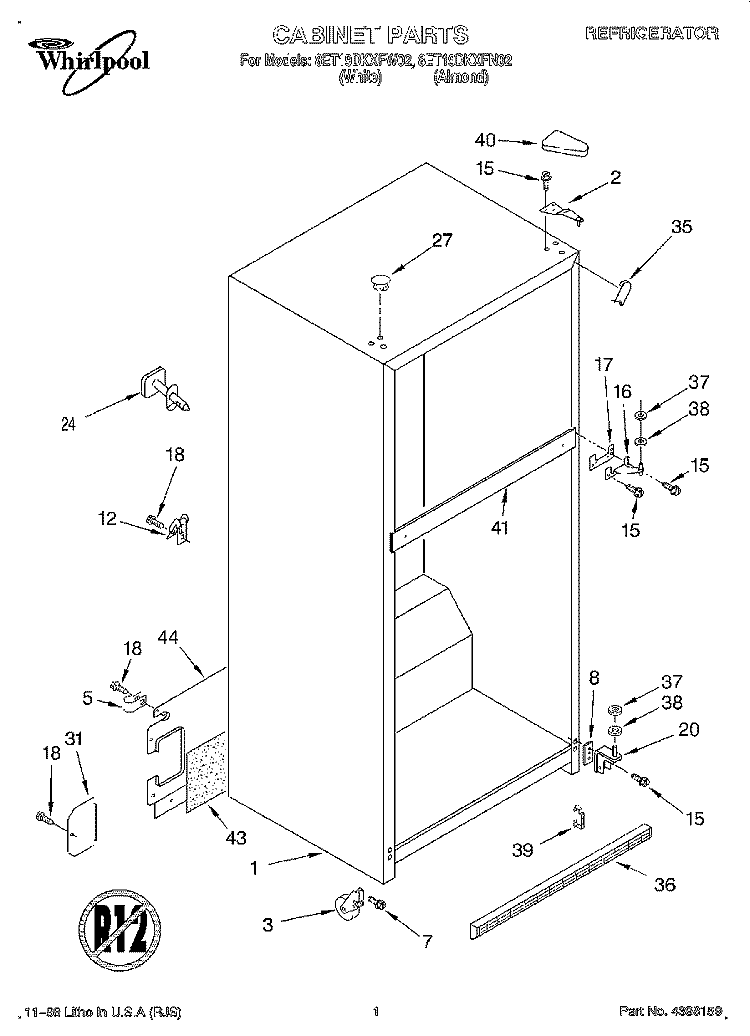 CABINET Diagram and Parts List for 8ET19DKXFW02  Whirlpool Refrigerator