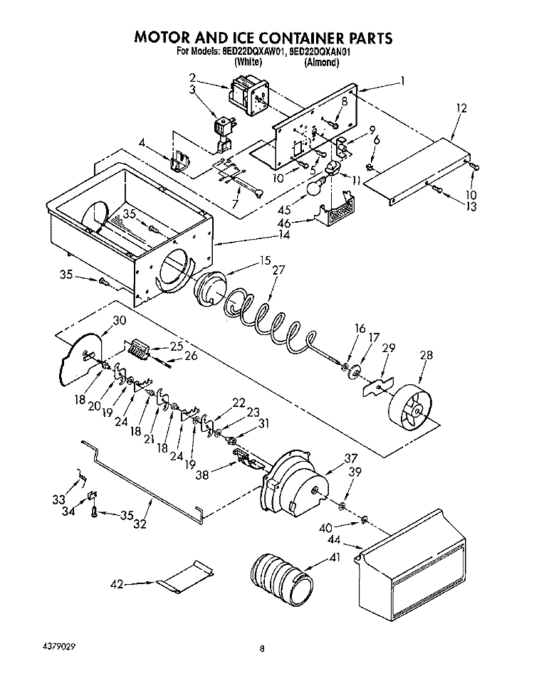 MOTOR AND ICE CONTAINER Diagram and Parts List for 8ED22DQXAN01  Whirlpool Refrigerator