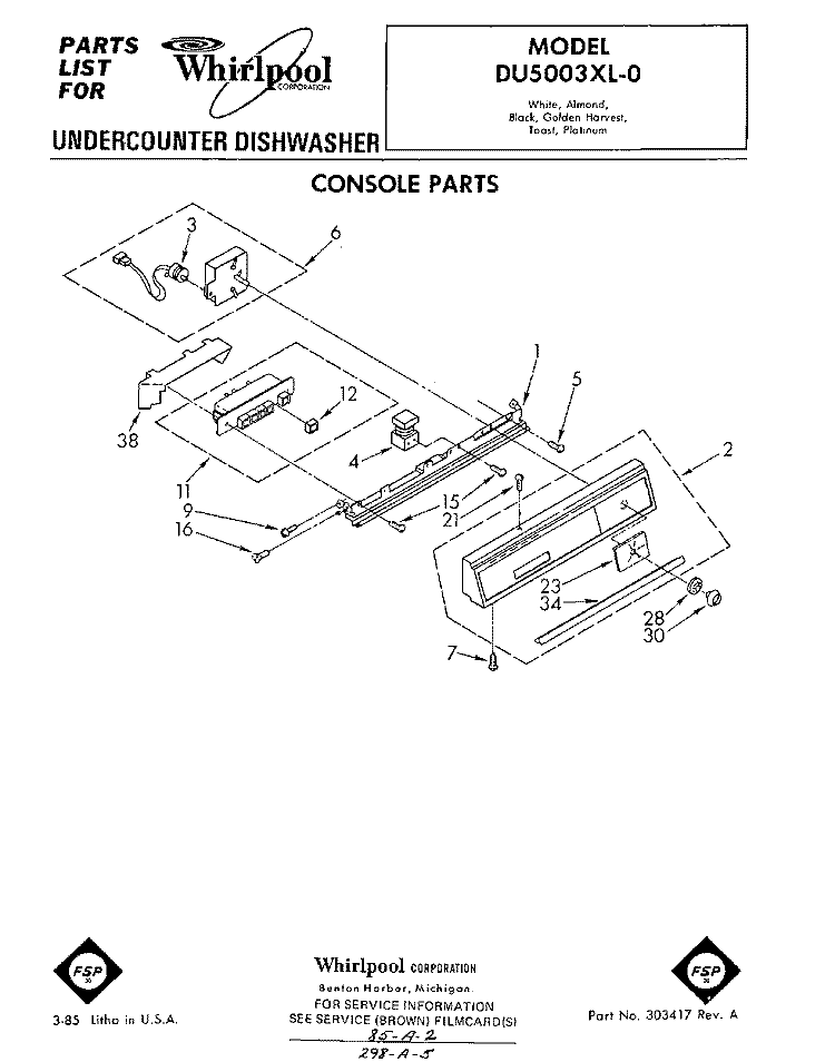 CONSOLE Diagram and Parts List for DU5003XL0  Whirlpool Dishwasher