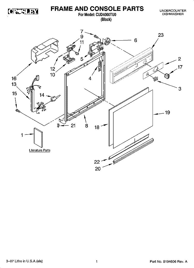 FRAME AND CONSOLE PARTS Diagram and Parts List for CUD4000TU0  Crosley Dishwasher