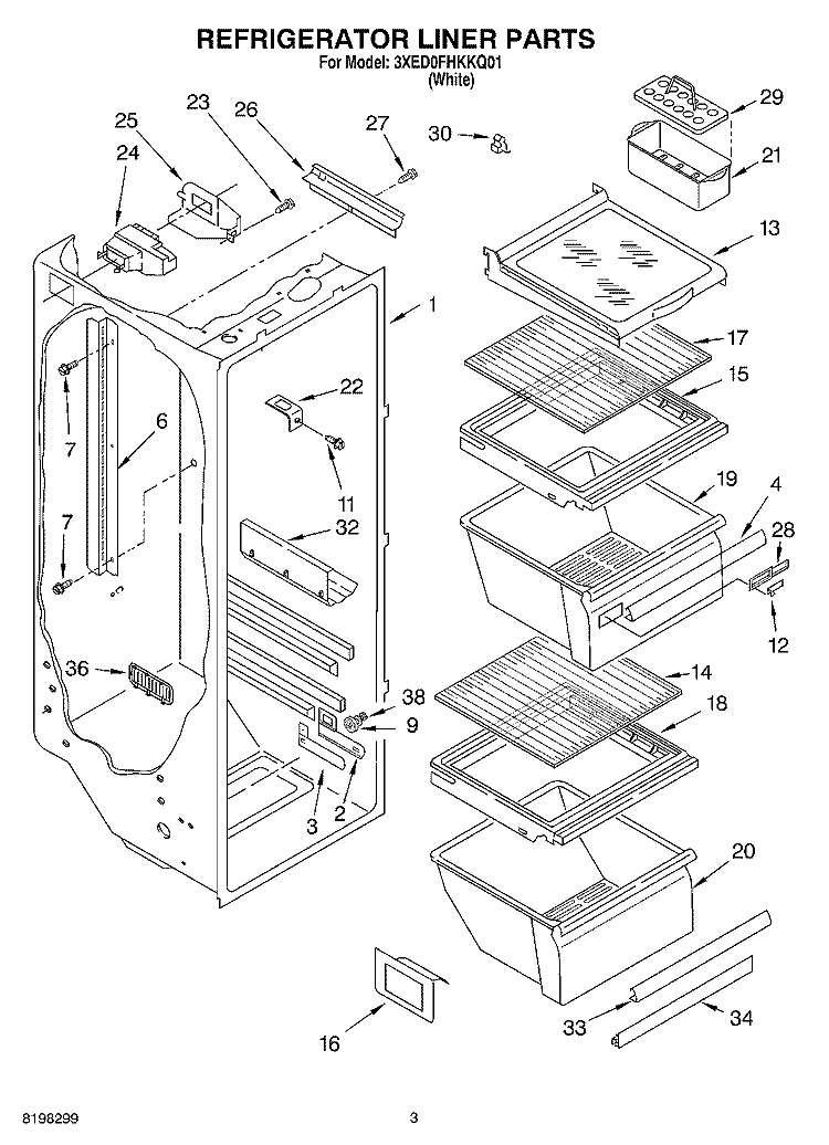 REFRIGERATOR LINER Diagram and Parts List for 3XED0FHKKQ01  Whirlpool Refrigerator