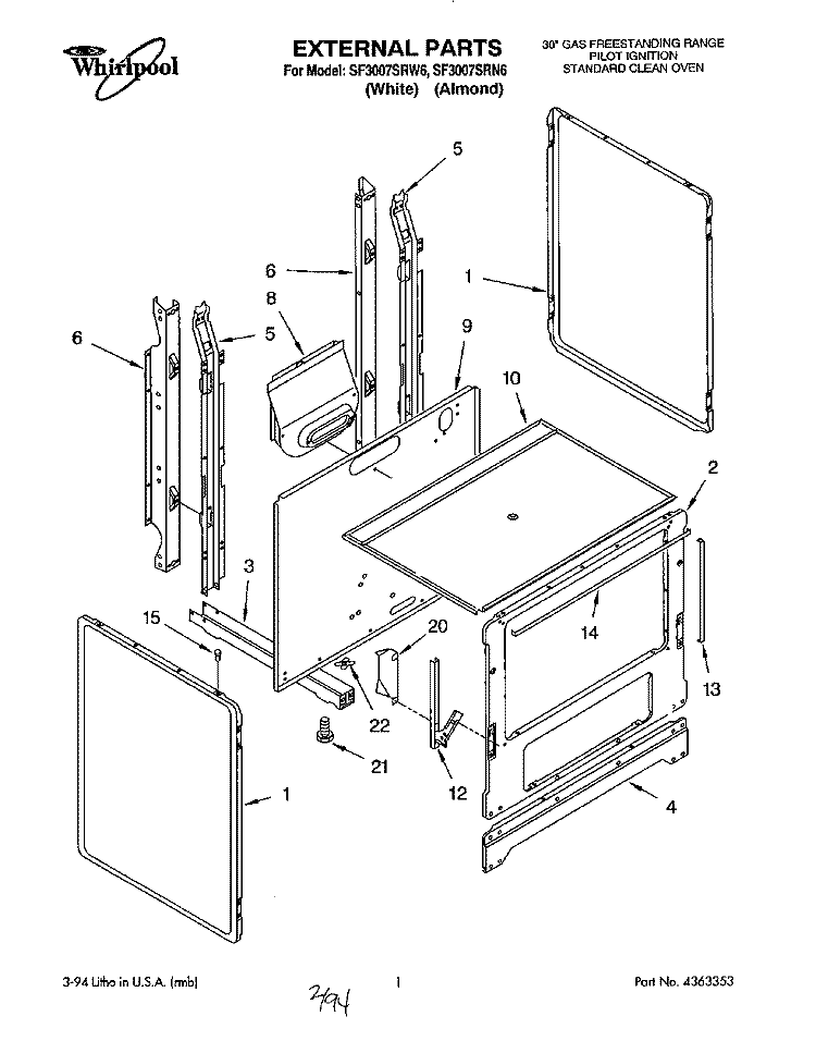 EXTERNAL Diagram and Parts List for SF3007SRN6  Whirlpool Range