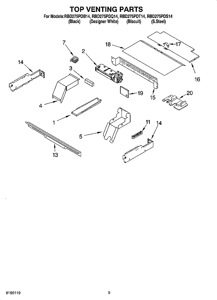 TOP VENTING PARTS, OPTIONAL PARTS Diagram and Parts List for RBD275PDS14  Whirlpool Wall Oven