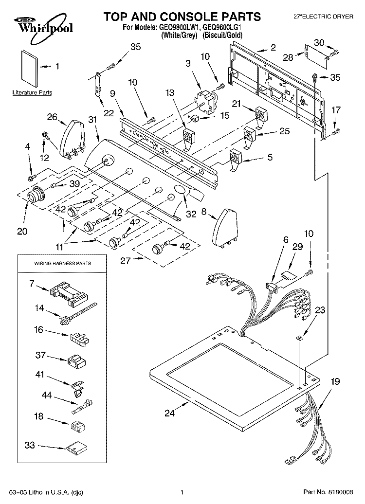 TOP AND CONSOLE PARTS Diagram and Parts List for GEQ9800LW1  Whirlpool Dryer