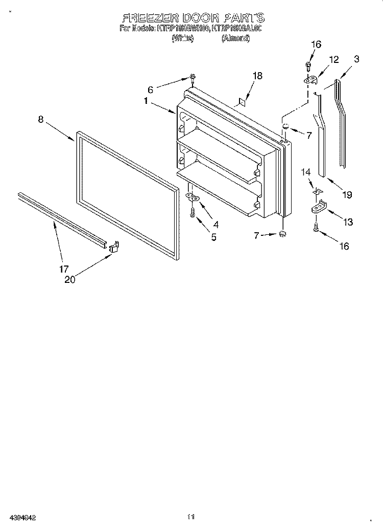 FREEZER DOOR, LIT/OPTIONAL Diagram and Parts List for KTRP19KGAL00  KitchenAid Refrigerator