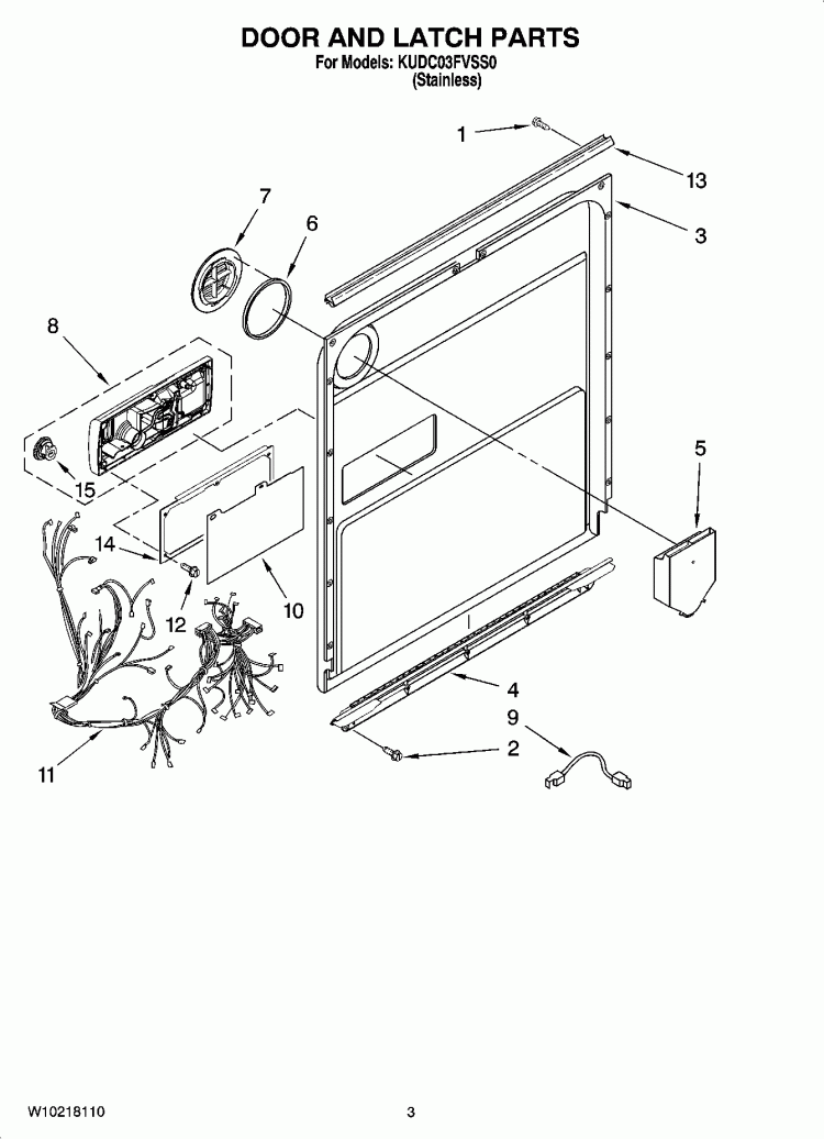 DOOR AND LATCH PARTS Diagram and Parts List for KUDC03FVSS0  KitchenAid Dishwasher