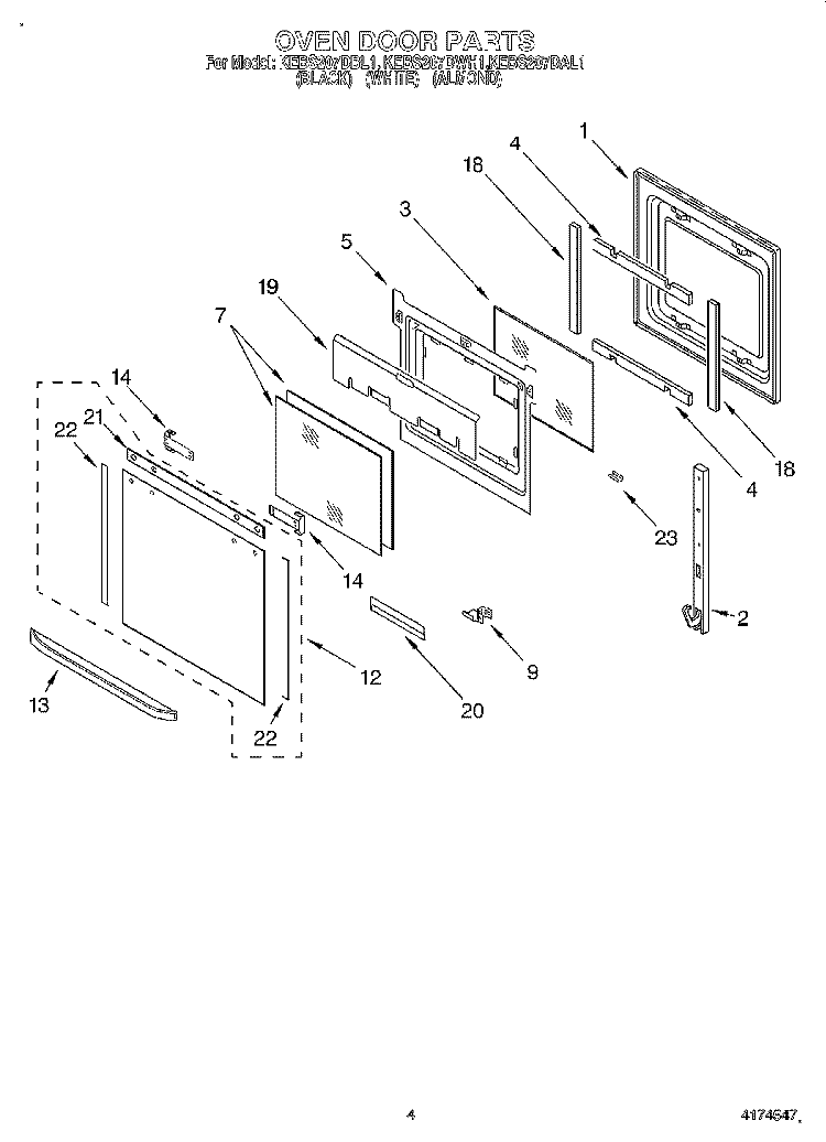 OVEN DOOR Diagram and Parts List for KEBS207DAL1  KitchenAid Wall Oven