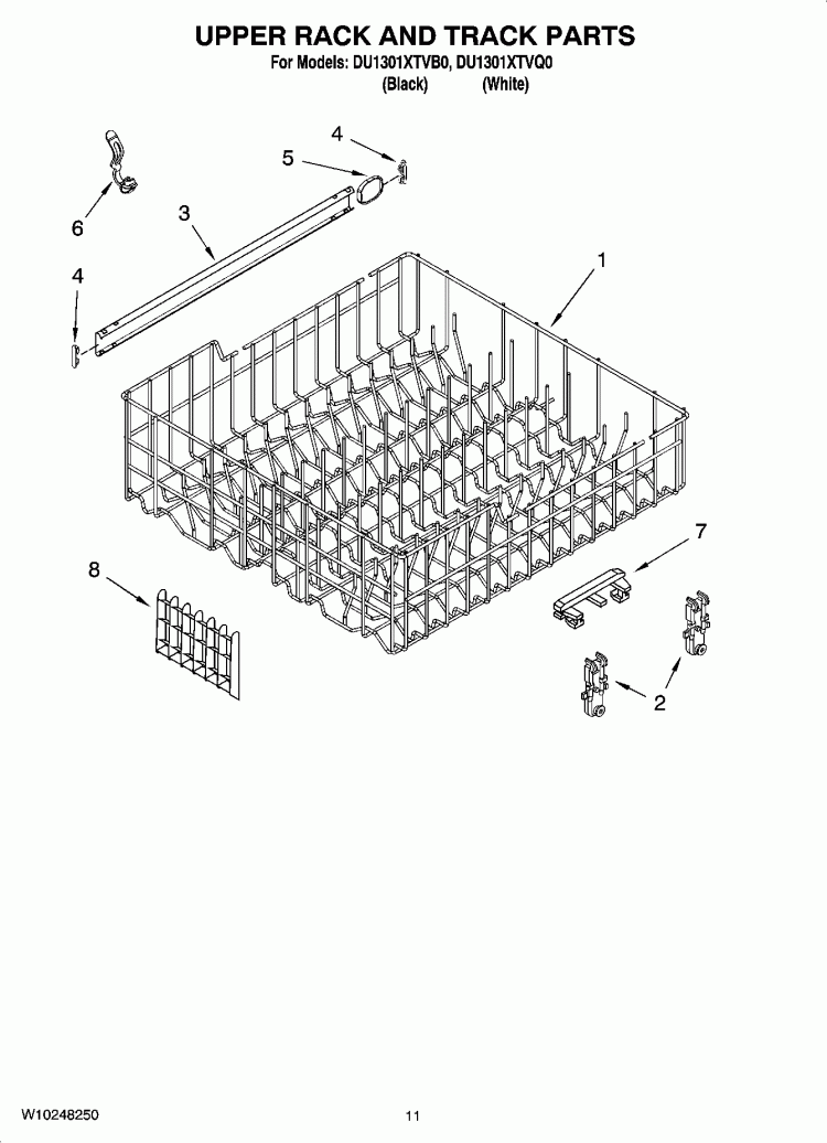 UPPER RACK AND TRACK PARTS Diagram and Parts List for DU1301XTVB0  Whirlpool Dishwasher