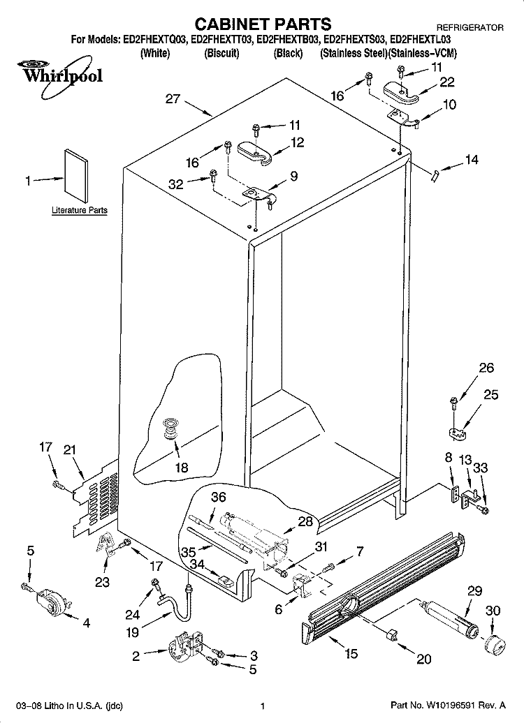 CABINET PARTS Diagram and Parts List for ED2FHEXTB03  Whirlpool Refrigerator