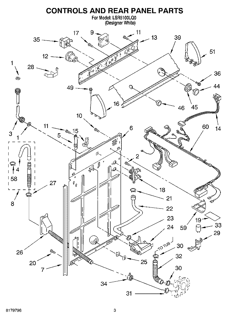CONTROLS AND REAR PANEL Diagram and Parts List for LSR5100LQ0  Whirlpool Washer