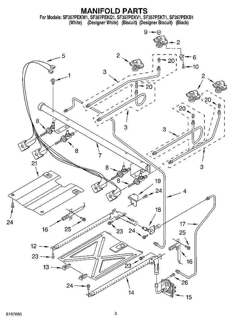 MANIFOLD Diagram and Parts List for SF357PEKT1  Whirlpool Range