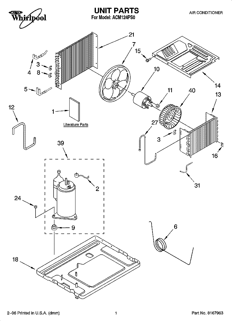 UNIT PARTS Diagram and Parts List for ACM124PS0  Whirlpool Air Conditioner