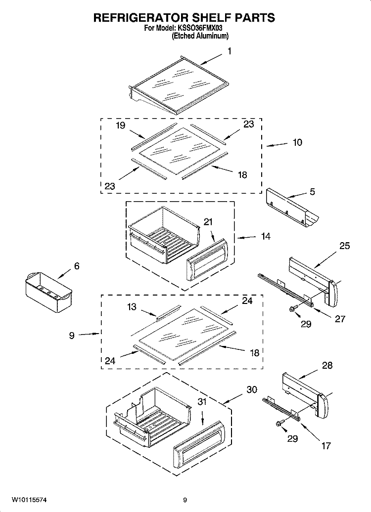 REFRIGERATOR SHELF PARTS Diagram and Parts List for KSSO36FMX03  KitchenAid Refrigerator