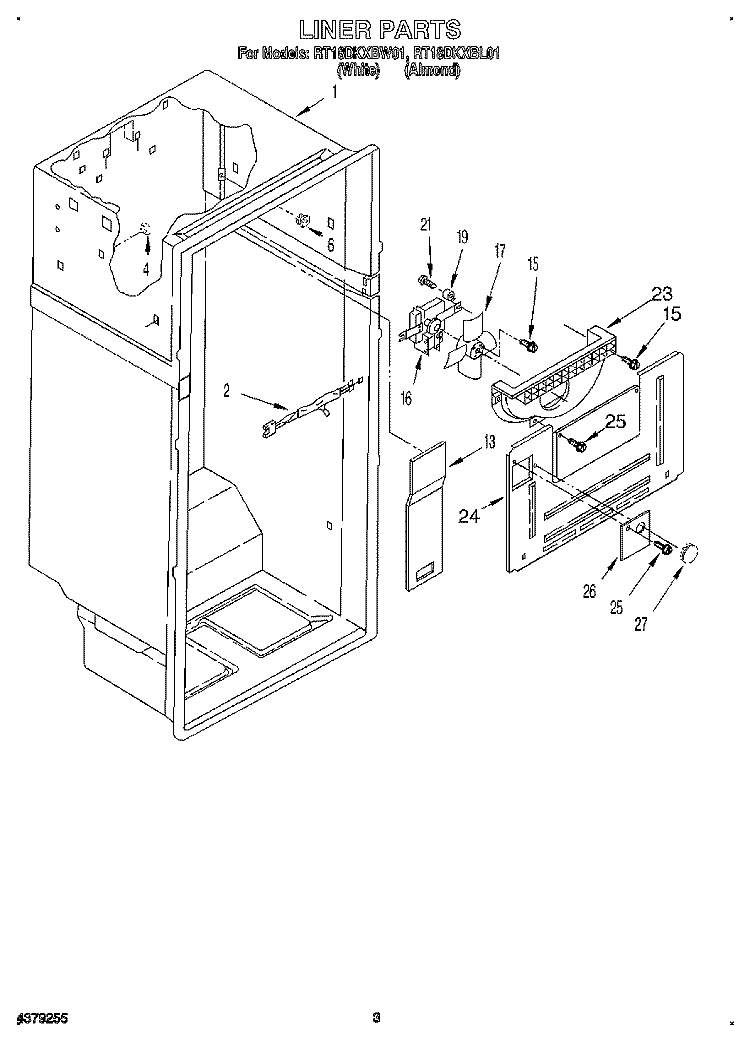 LINER Diagram and Parts List for RT18DKXBL01  Roper Refrigerator