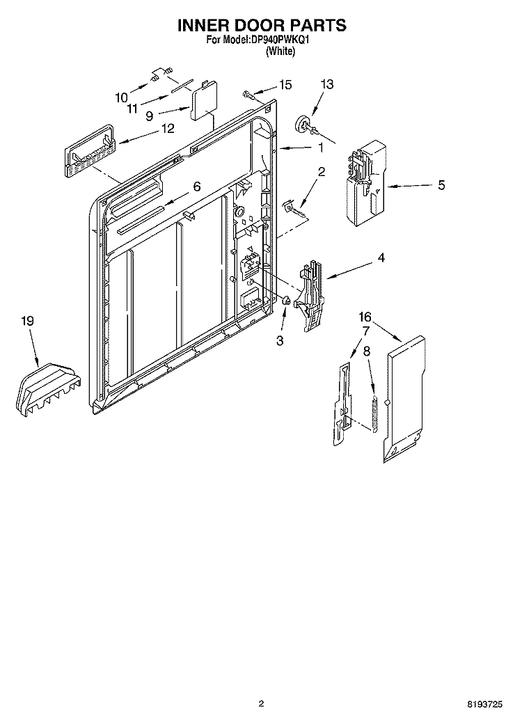 INNER DOOR Diagram and Parts List for DP940PWKQ1  Whirlpool Dishwasher
