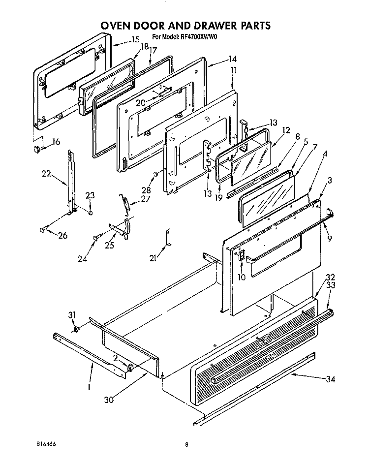OVEN DOOR AND DRAWER Diagram and Parts List for RF4700XWW0  Whirlpool Range