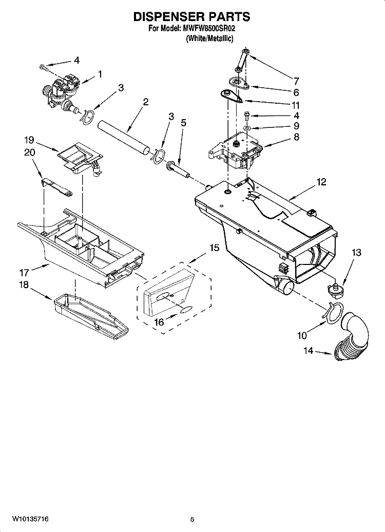 DISPENSER PARTS Diagram and Parts List for MWFW8500SR02  Whirlpool Washer