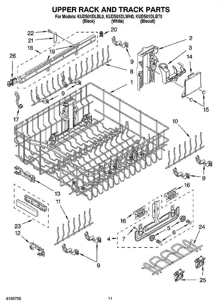 UPPER RACK AND TRACK PARTS Diagram and Parts List for KUDS01DLBT0  KitchenAid Dishwasher