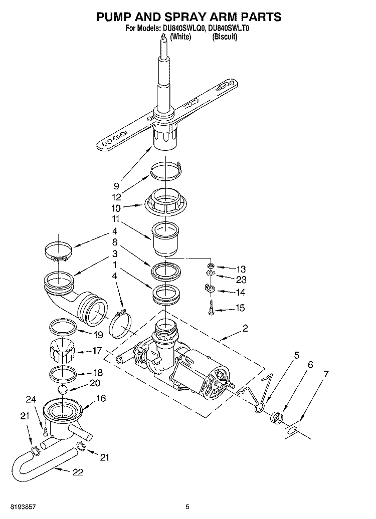 PUMP AND SPRAY ARM PARTS Diagram and Parts List for DU840SWLQ0  Whirlpool Dishwasher