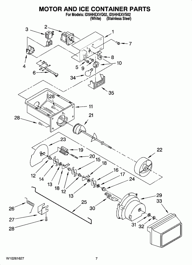 MOTOR AND ICE CONTAINER PARTS Diagram and Parts List for ID5HHEXVQ02  Whirlpool Refrigerator