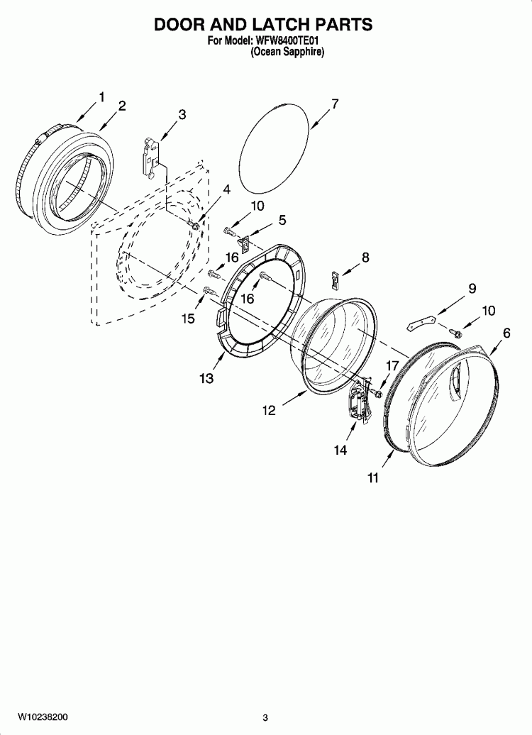 DOOR AND LATCH PARTS Diagram and Parts List for WFW8400TE01  Whirlpool Washer