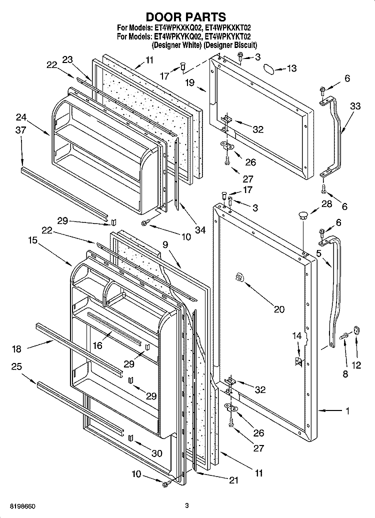 DOOR PARTS Diagram and Parts List for ET4WPKYKT02  Whirlpool Refrigerator