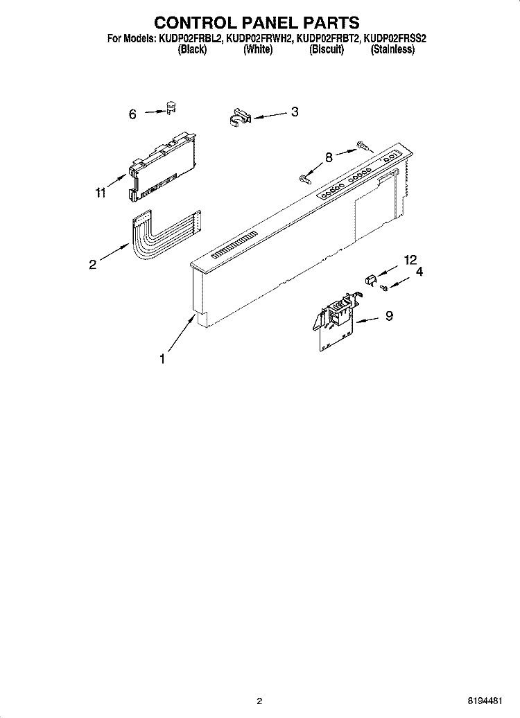 CONTROL PANEL PARTS Diagram and Parts List for KUDP02FRBT2  KitchenAid Dishwasher
