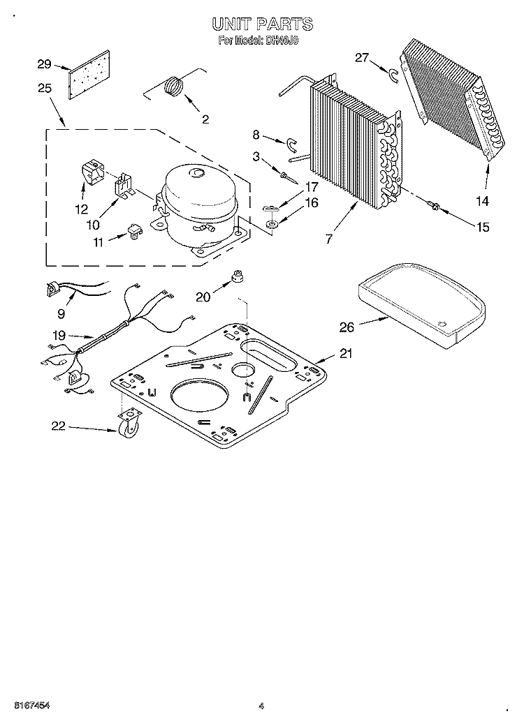 UNIT Diagram and Parts List for DH40J0  Whirlpool Dehumidifier