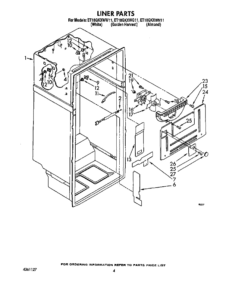 LINER Diagram and Parts List for ET18GKXWG11  Whirlpool Refrigerator
