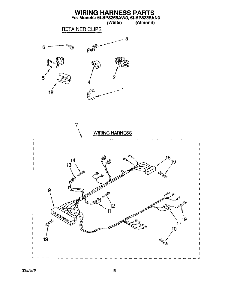 WIRING HARNESS Diagram and Parts List for 6LSP8255AW0  Whirlpool Washer