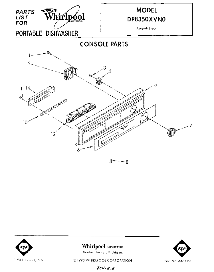 CONSOLE Diagram and Parts List for DP8350XVN0  Whirlpool Dishwasher