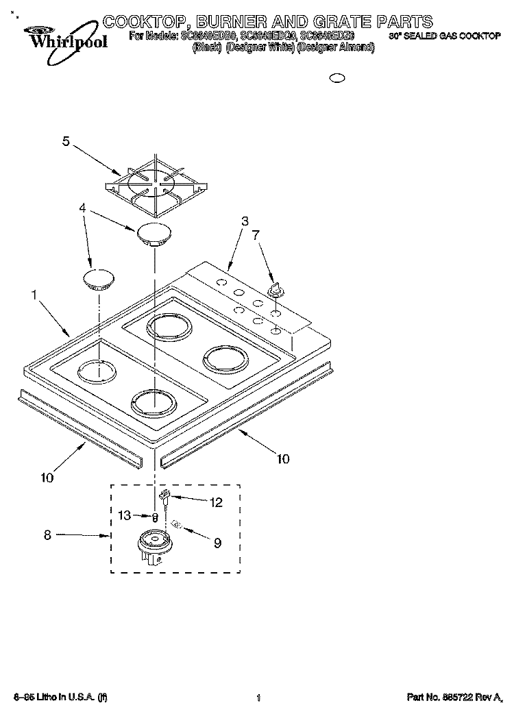 COOKTOP, BURNER AND GRATE Diagram and Parts List for SC8640EDQ0  Whirlpool Range