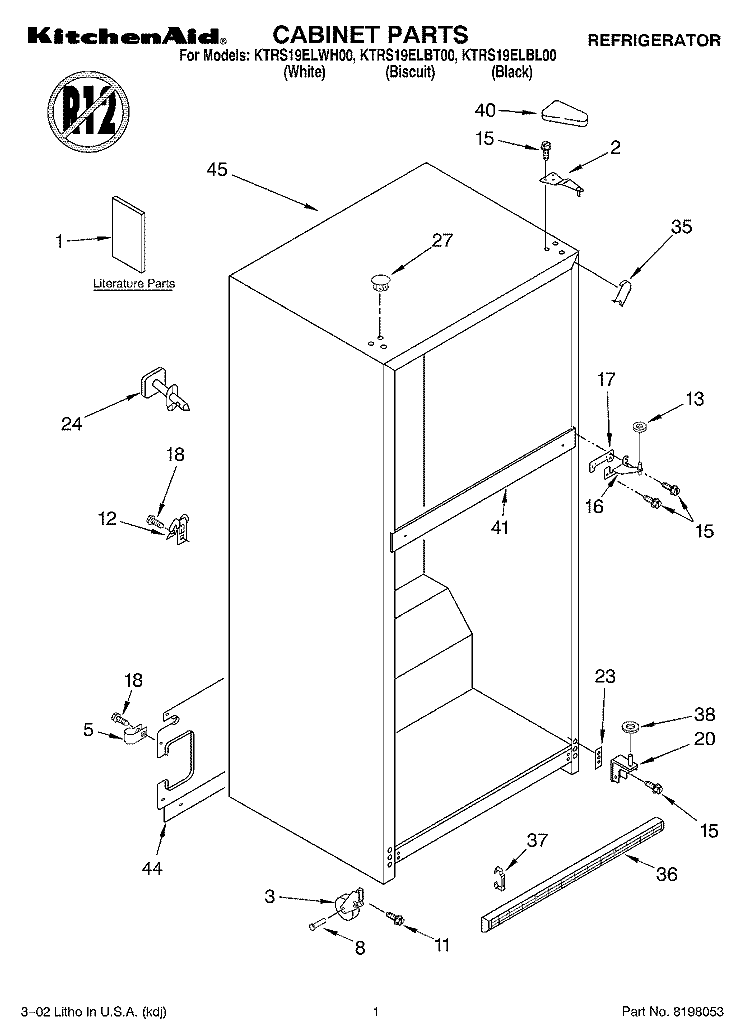 CABINET, LITERATURE Diagram and Parts List for KTRS19ELBL00  KitchenAid Refrigerator