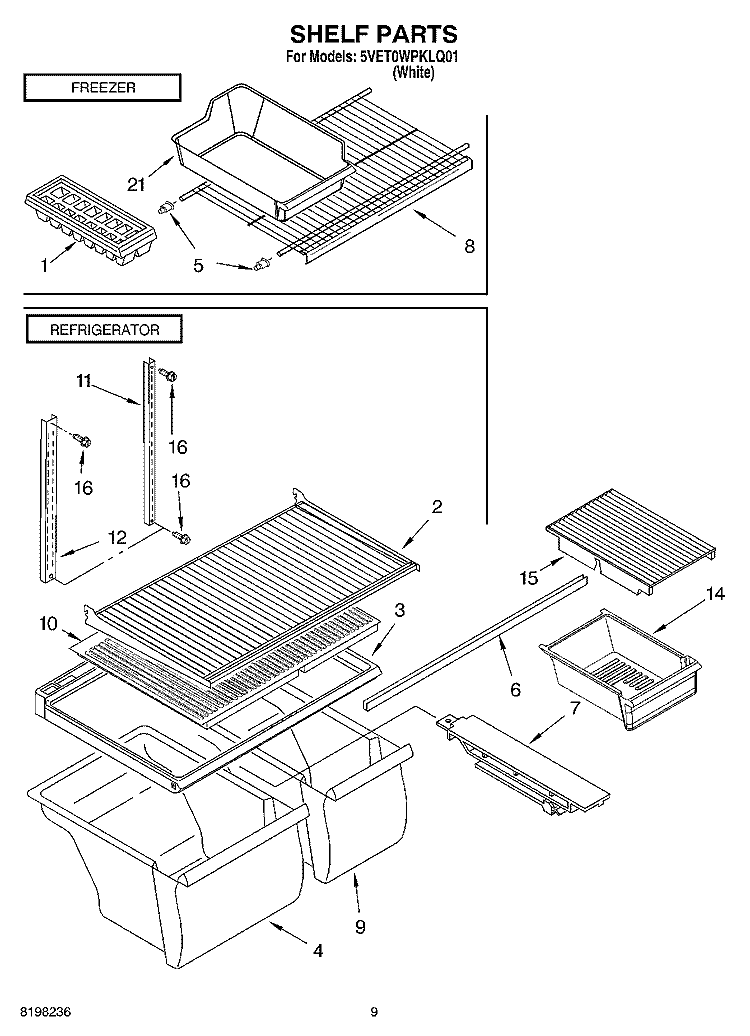 SHELF, OPTIONAL Diagram and Parts List for 5VET0WPKLQ01  Whirlpool Refrigerator
