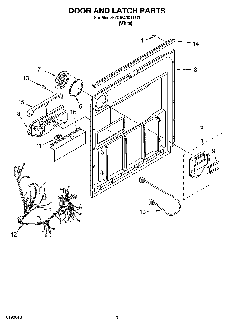 DOOR AND LATCH PARTS Diagram and Parts List for GU640XTLQ1  Whirlpool Dishwasher