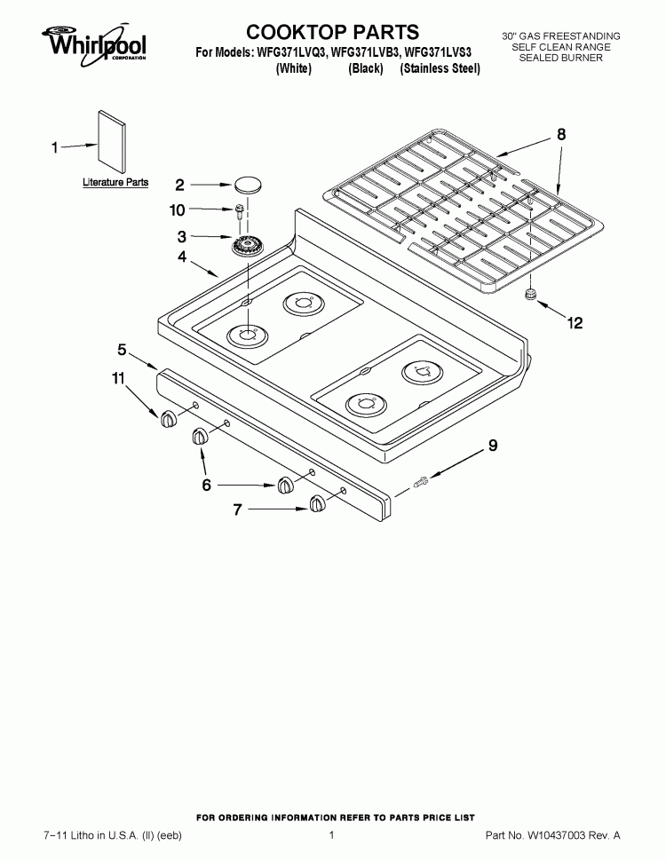 COOKTOP PARTS Diagram and Parts List for WFG371LVB3  Whirlpool Range