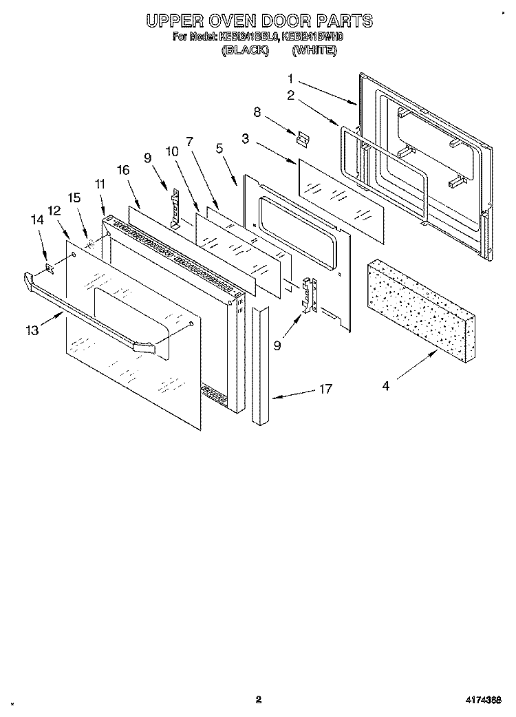 UPPER OVEN DOOR Diagram and Parts List for KEBI241BWH0  KitchenAid Wall Oven