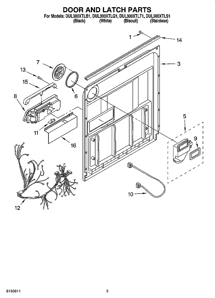 DOOR AND LATCH PARTS Diagram and Parts List for DUL300XTLQ1  Whirlpool Dishwasher