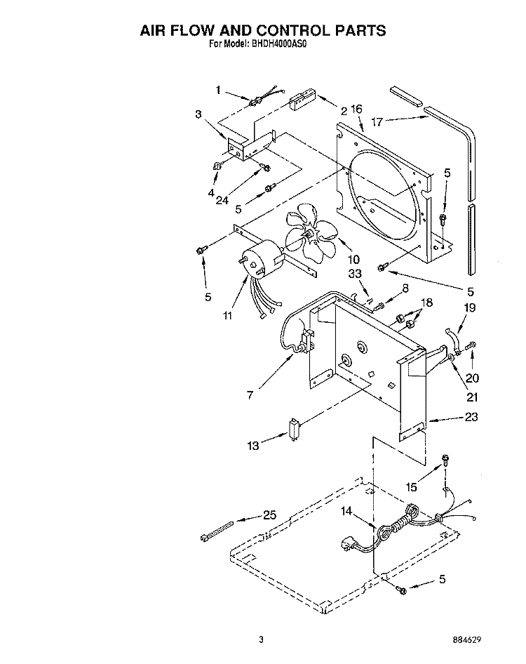 AIR FLOW AND CONTROL Diagram and Parts List for BHDH4000AS0  Whirlpool Dehumidifier