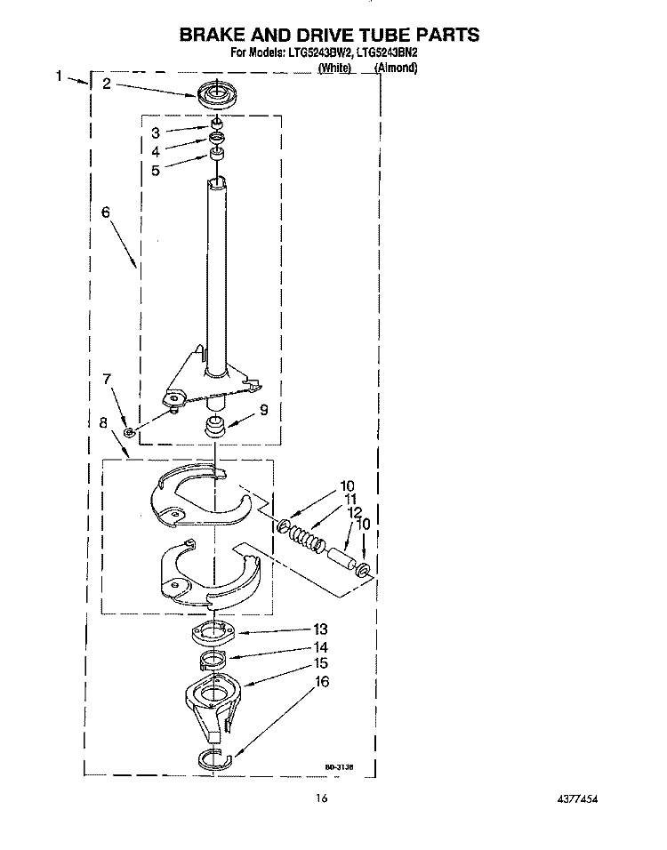 BRAKE AND DRIVE TUBE Diagram and Parts List for LTG5243BN2  Whirlpool Washer Dryer Combo