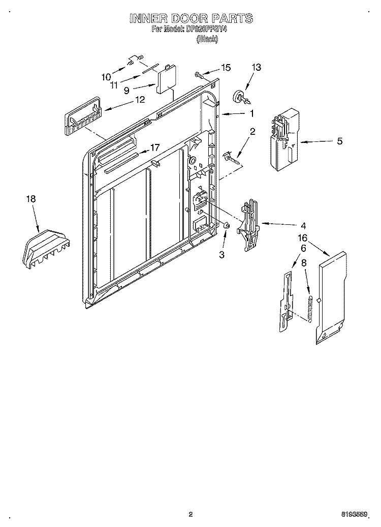 INNER DOOR Diagram and Parts List for DP920PFGY4  Whirlpool Dishwasher