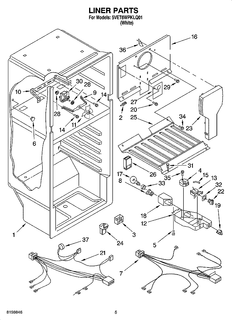 LINER PARTS Diagram and Parts List for 5VET6WPKLQ01  Whirlpool Refrigerator