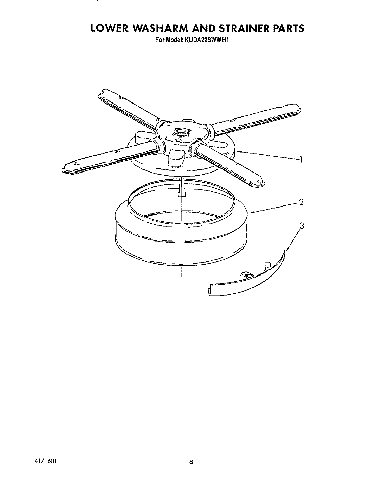 LOWER WASHARM AND STRAINER Diagram and Parts List for KUDA22SWWH1  KitchenAid Dishwasher