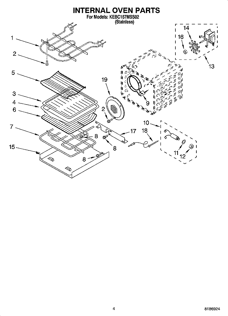 INTERNAL OVEN PARTS Diagram and Parts List for KEBC167MSS02  KitchenAid Wall Oven