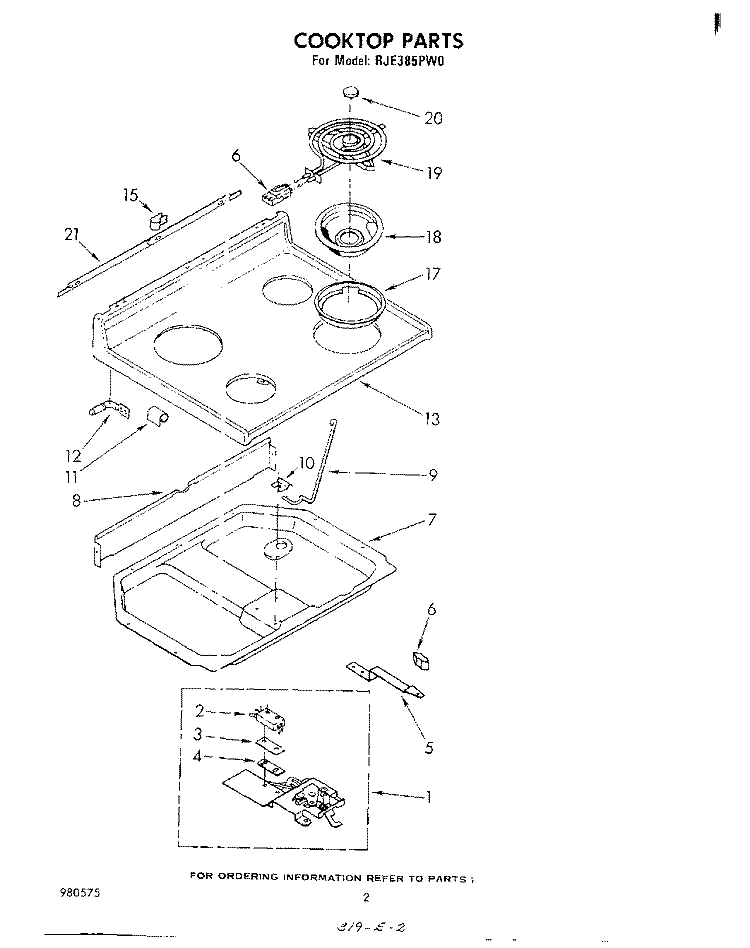 COOKTOP Diagram and Parts List for RJE385PW0  Whirlpool Range