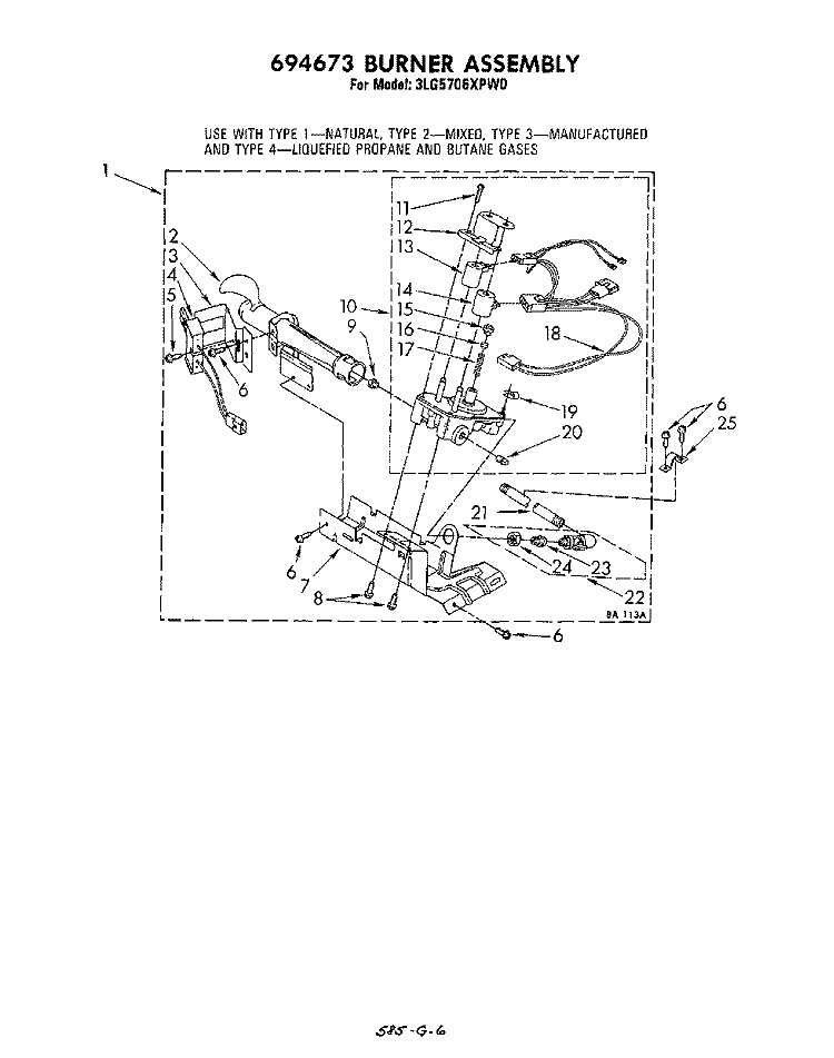 694673 BURNER Diagram and Parts List for 3LG5706XPW0  Whirlpool Dryer