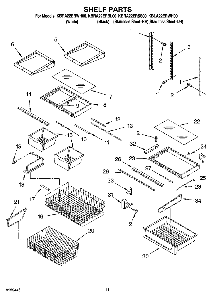SHELF PARTS Diagram and Parts List for KBLA22ERWH00  Whirlpool Refrigerator