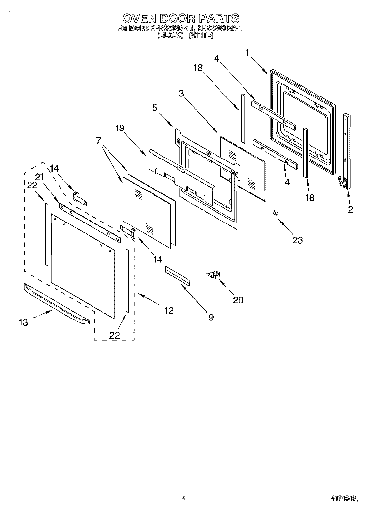 OVEN DOOR Diagram and Parts List for KEBS208DWH1  KitchenAid Wall Oven