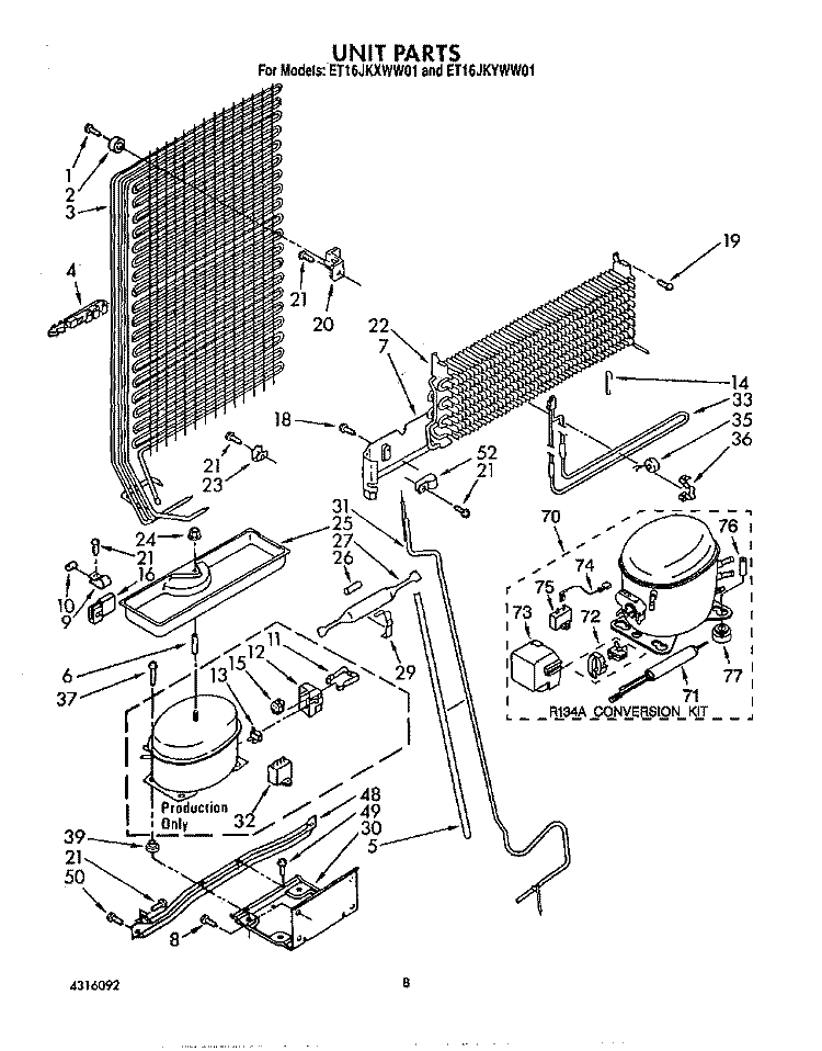 UNIT Diagram and Parts List for ET16JKXWN01  Whirlpool Refrigerator